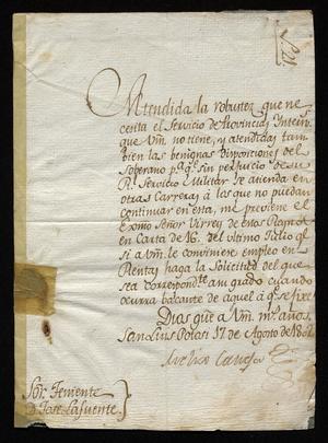 [Letter from Meliso Caneja to Teniente José Lafuente, August 17, 1802]