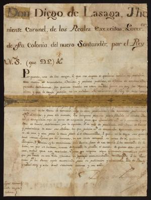 Primary view of object titled '[Decree from Governor Diego de Lasaga]'.