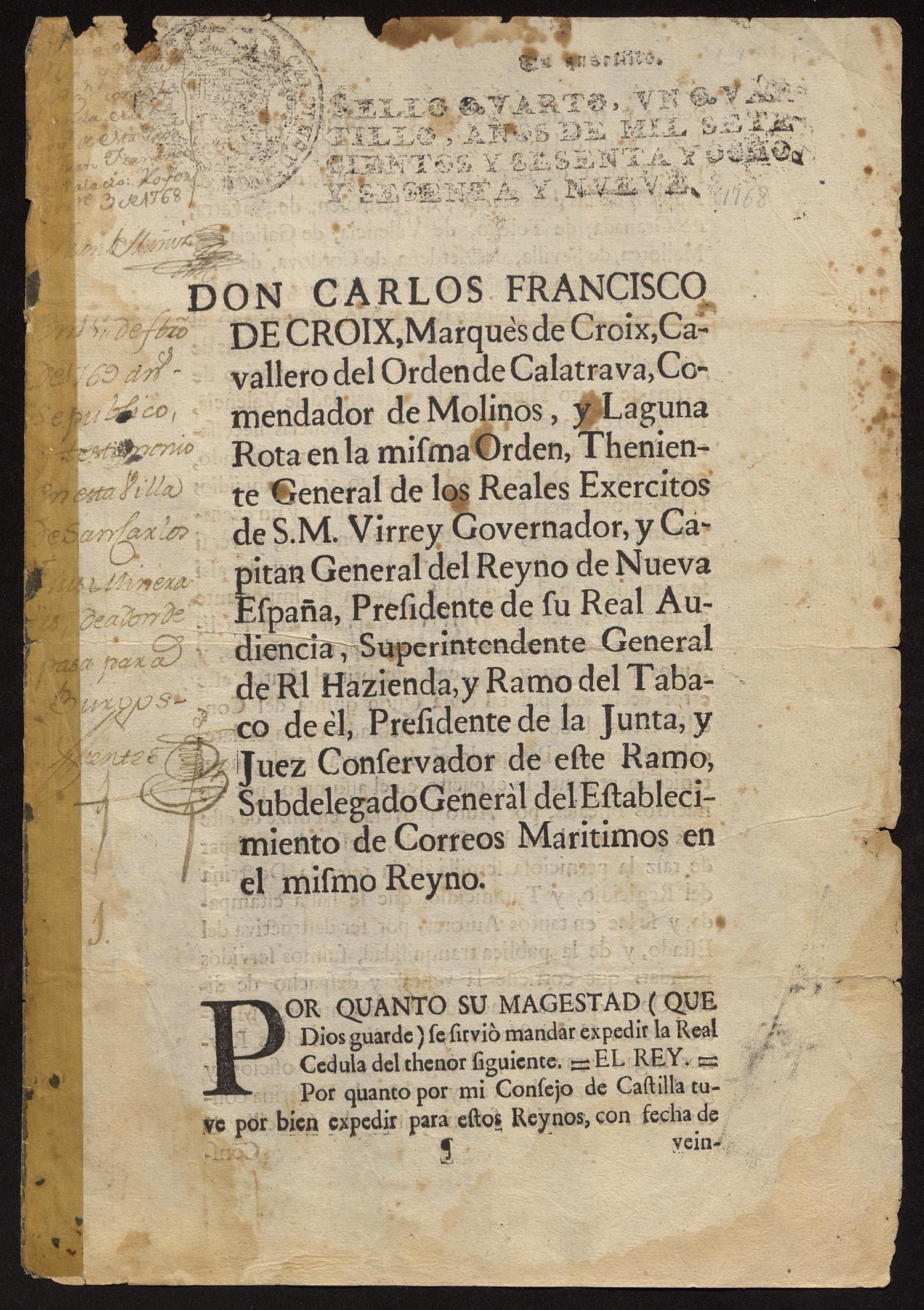 [Royal Decree from King Carlos III to the Marques de Croix] - The