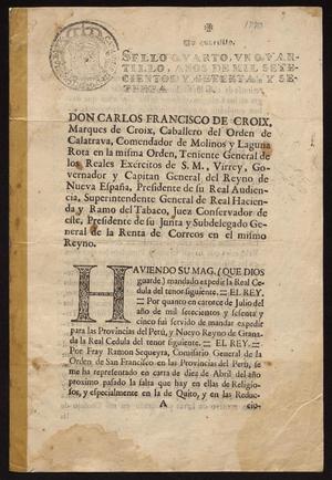 Primary view of object titled '[Decree from Marques de Croix Concerning Missionaries]'.