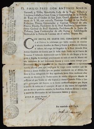 Primary view of object titled '[Notice Sent by Viceroy Don Antonio María Bucareli y Ursúa]'.