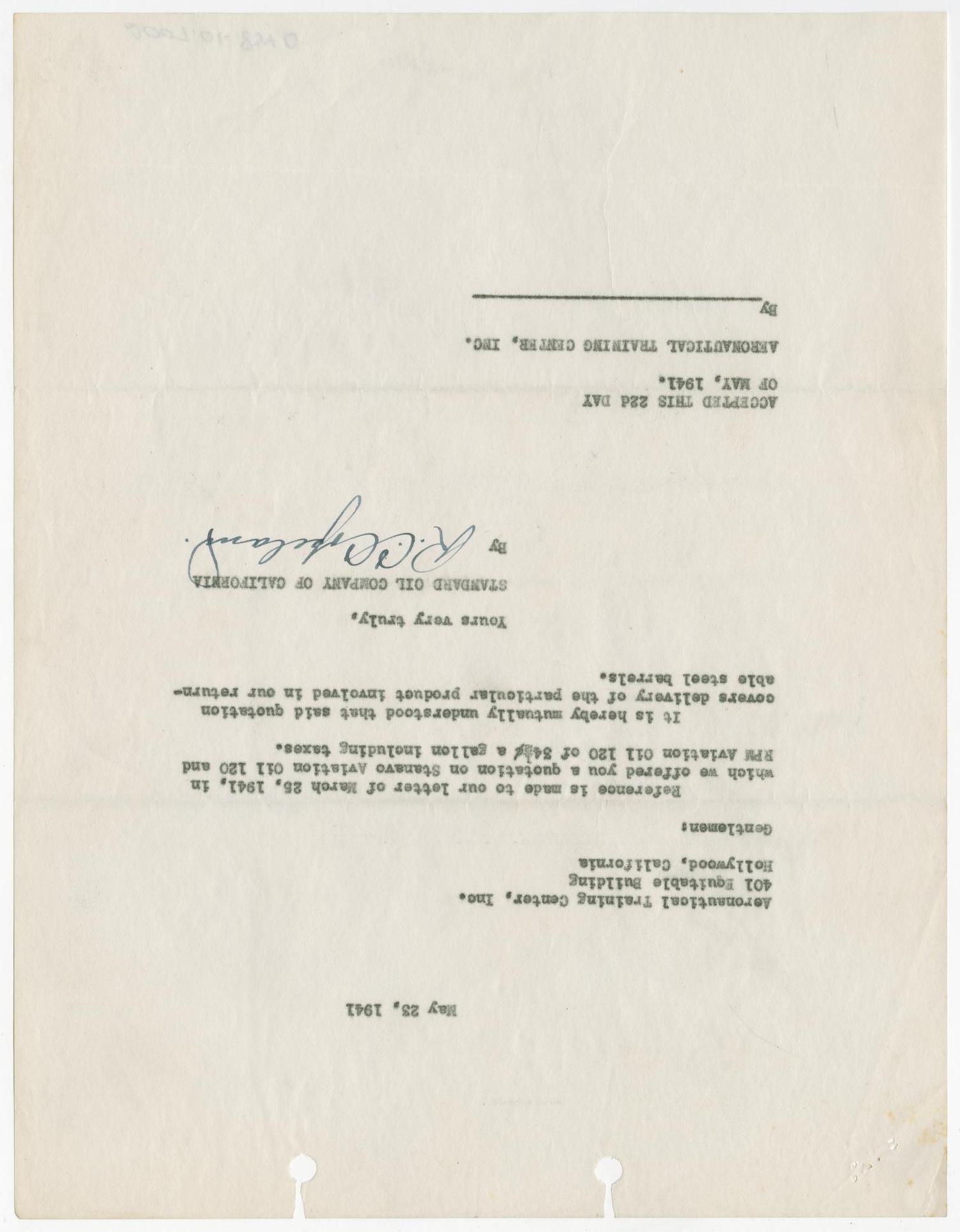 [Letter from Standard Oil Company of California to Aeronautical Training Center, Inc., May 23, 1941]
                                                
                                                    [Sequence #]: 1 of 2
                                                