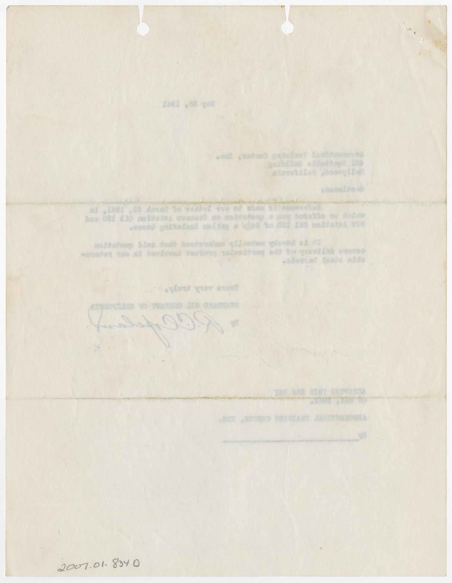 [Letter from Standard Oil Company of California to Aeronautical Training Center, Inc., May 23, 1941]
                                                
                                                    [Sequence #]: 2 of 2
                                                