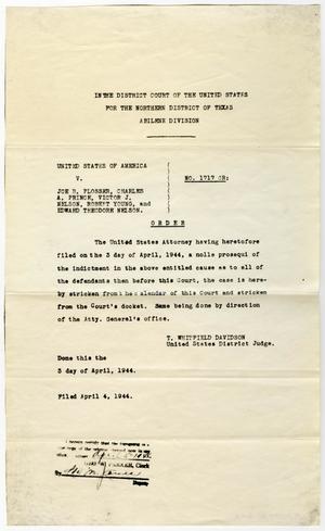 Primary view of object titled '[Document pertaining to the case of United States of America vs. Joe B. Plosser et al, cause no. 1717, 1944]'.