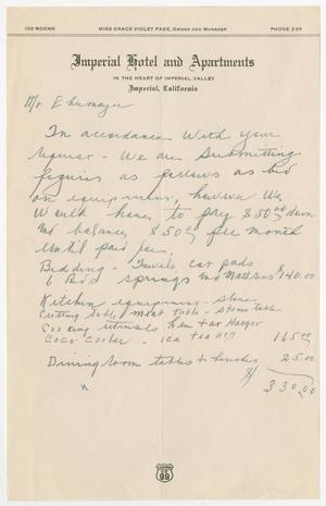 Primary view of object titled '[Note to Mr. Ebremayer About the Cost of a Purchase]'.