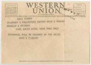 [Telegram  from Mary K. Fidlar to Charles A. Prince, April 9, 1941]
