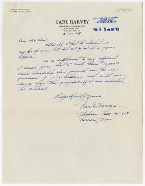 [Letter from Carl Harvey to R. E. Olin, March 16, 1943]