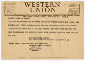 [Telegram from B. E. Meyers to Plosser-Prince Air Academy, April 6, 1943]