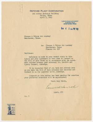 [Letter from P. Harris to Plosser-Prince Air Academy, April 3, 1943]