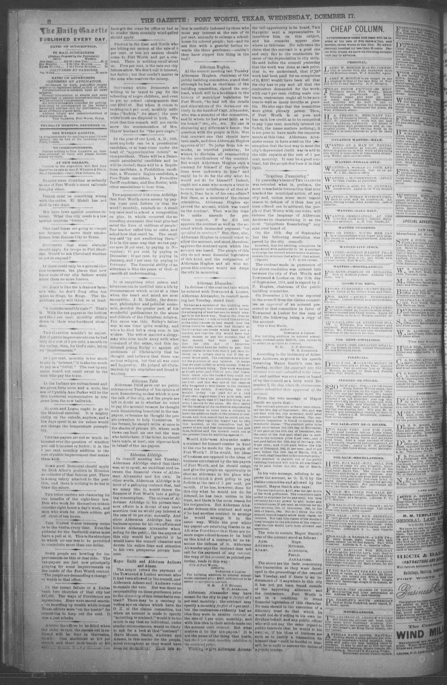 Fort Worth Daily Gazette. (Fort Worth, Tex.), Vol. 8, No. 343, Ed. 1, Thursday, December 18, 1884
                                                
                                                    [Sequence #]: 2 of 8
                                                
