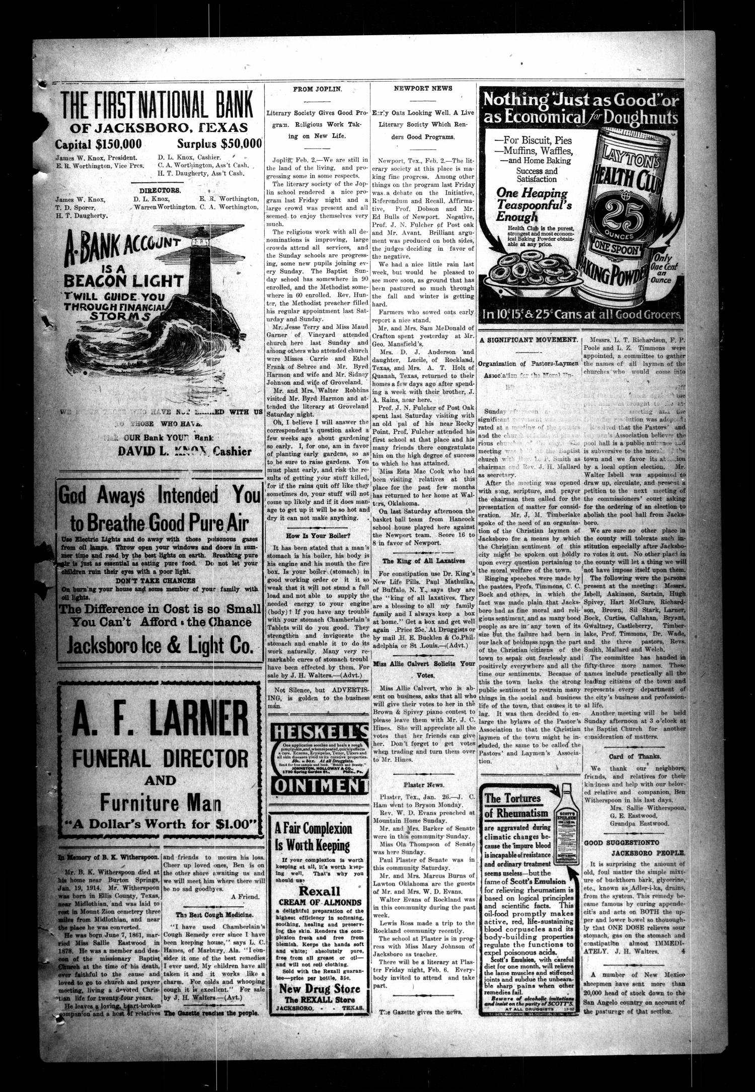 Jacksboro Gazette (Jacksboro, Tex.), Vol. 34, No. 36, Ed. 1 Thursday, February 5, 1914
                                                
                                                    [Sequence #]: 3 of 18
                                                