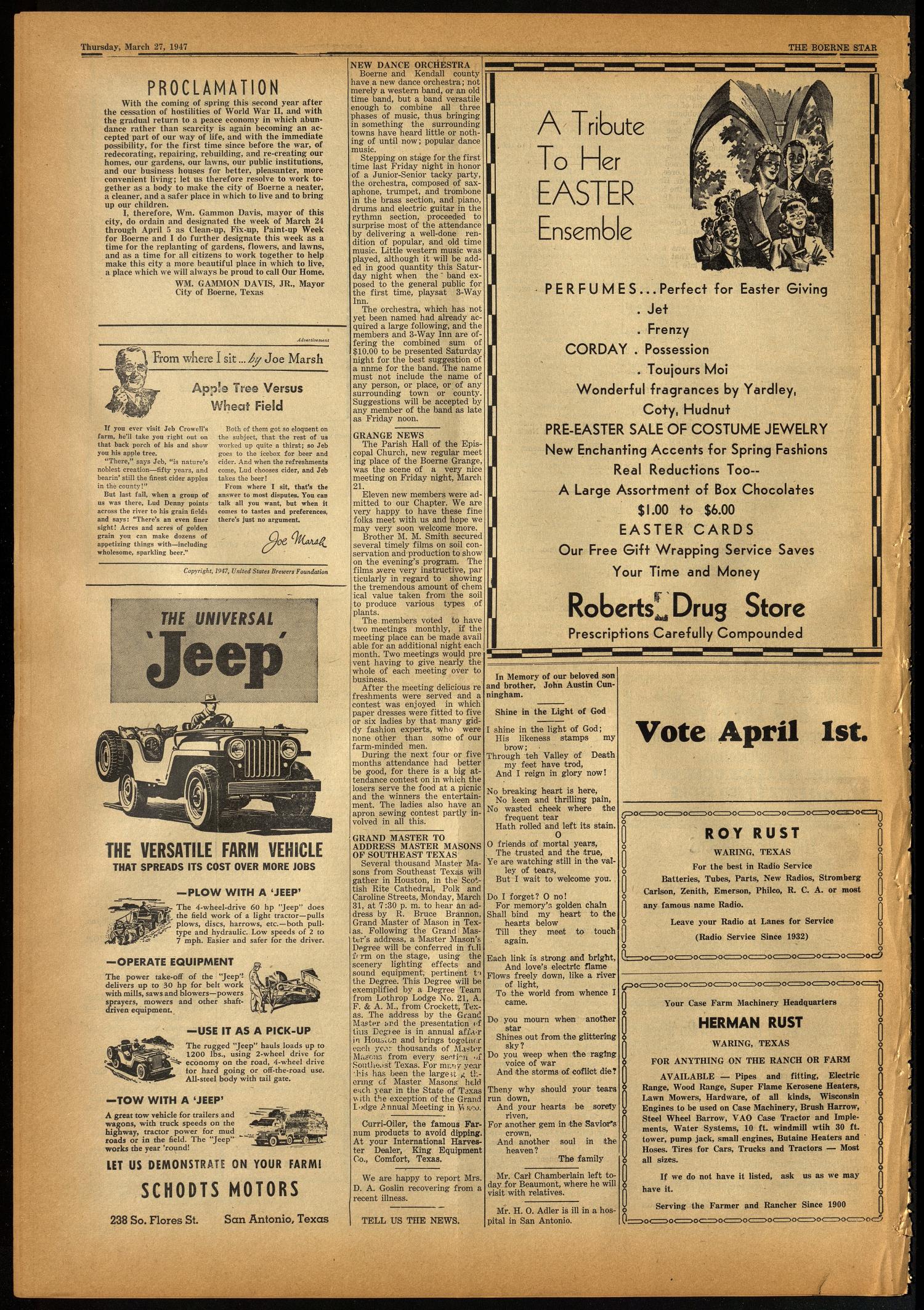 The Boerne Star (Boerne, Tex.), Vol. 42, No. 16, Ed. 1 Thursday, March 27, 1947
                                                
                                                    [Sequence #]: 4 of 8
                                                