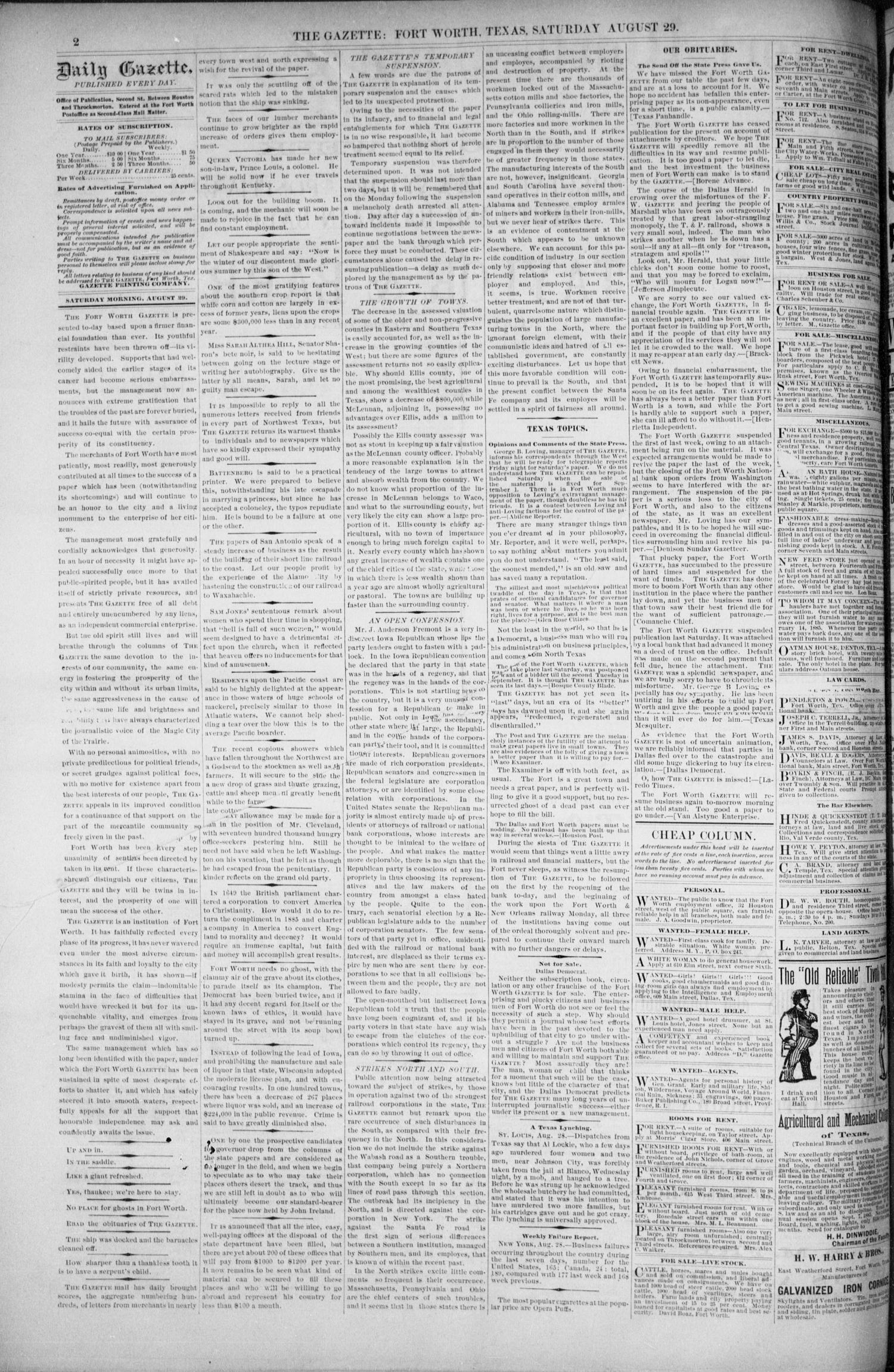 Fort Worth Daily Gazette. (Fort Worth, Tex.), Vol. 11, No. 32, Ed. 1, Saturday, August 29, 1885
                                                
                                                    [Sequence #]: 2 of 8
                                                