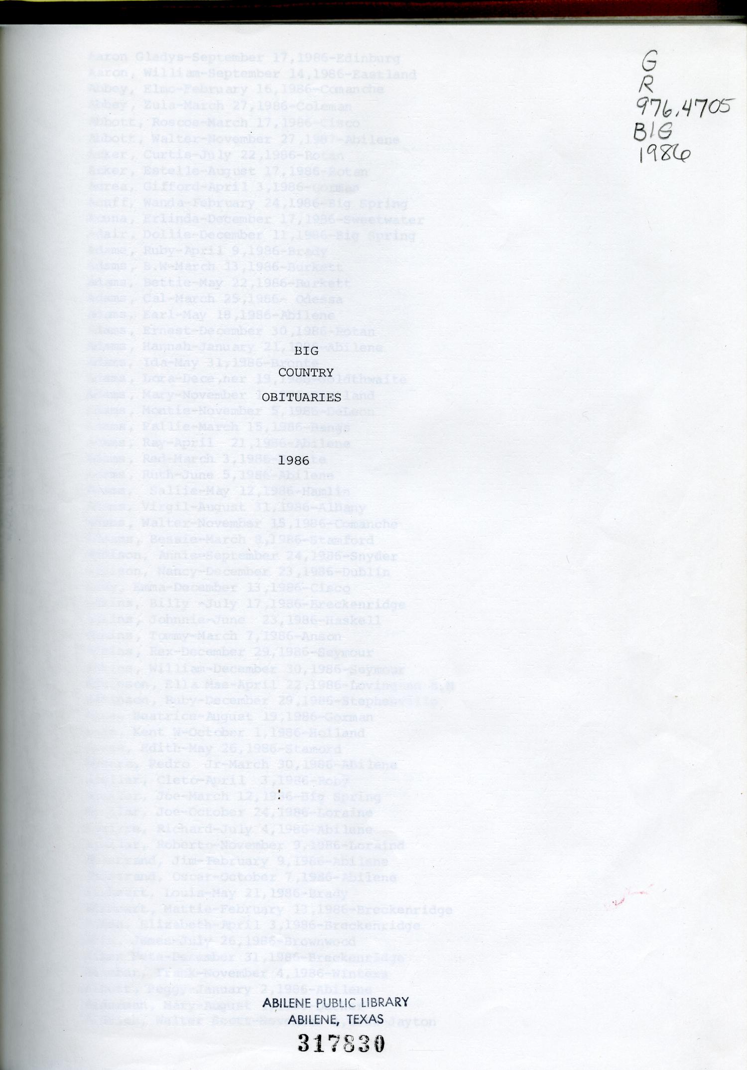 Big County Obituaries: 1986
                                                
                                                    Title Page
                                                