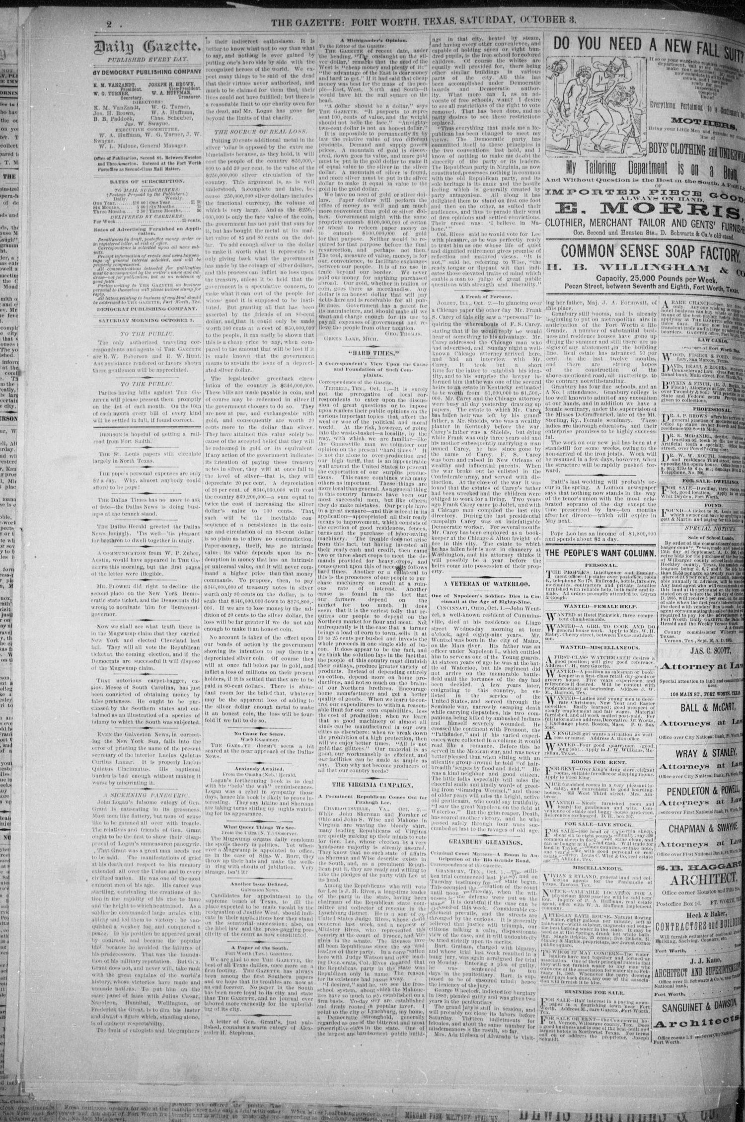 Fort Worth Daily Gazette. (Fort Worth, Tex.), Vol. 11, No. 67, Ed. 1, Saturday, October 3, 1885
                                                
                                                    [Sequence #]: 2 of 8
                                                
