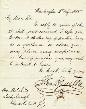 Primary view of object titled '[Letter from Sam Houston to William Welsh, February 1855]'.