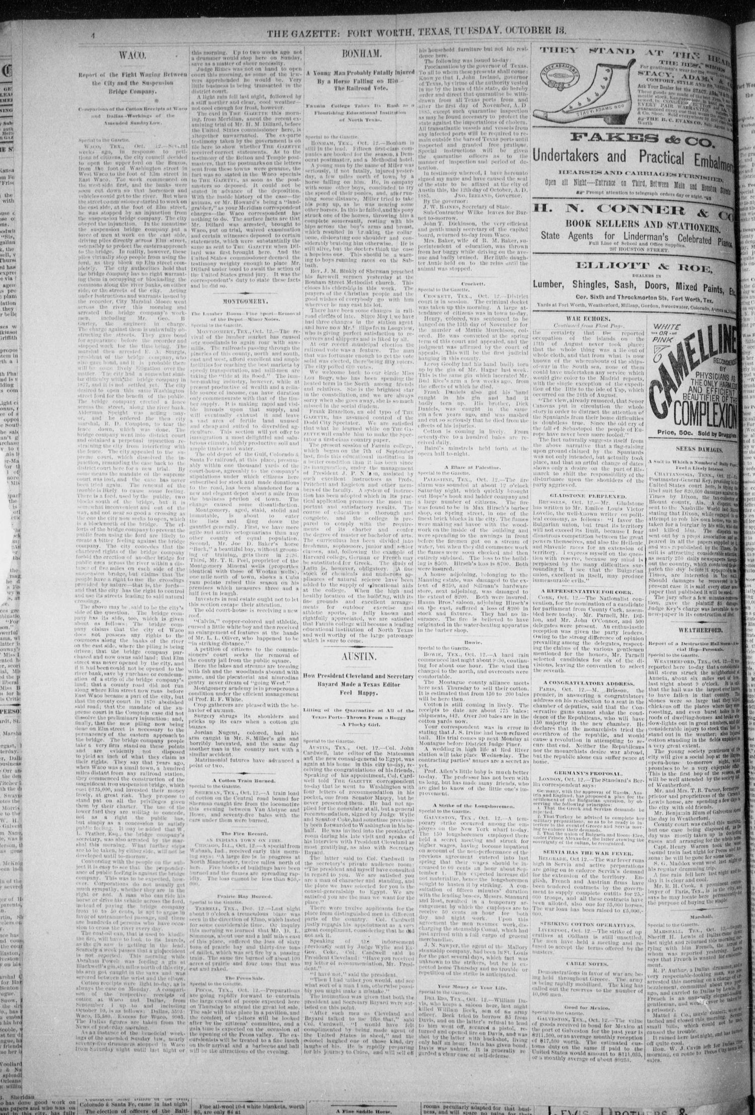 Fort Worth Daily Gazette. (Fort Worth, Tex.), Vol. 11, No. 77, Ed. 1, Tuesday, October 13, 1885
                                                
                                                    [Sequence #]: 4 of 8
                                                