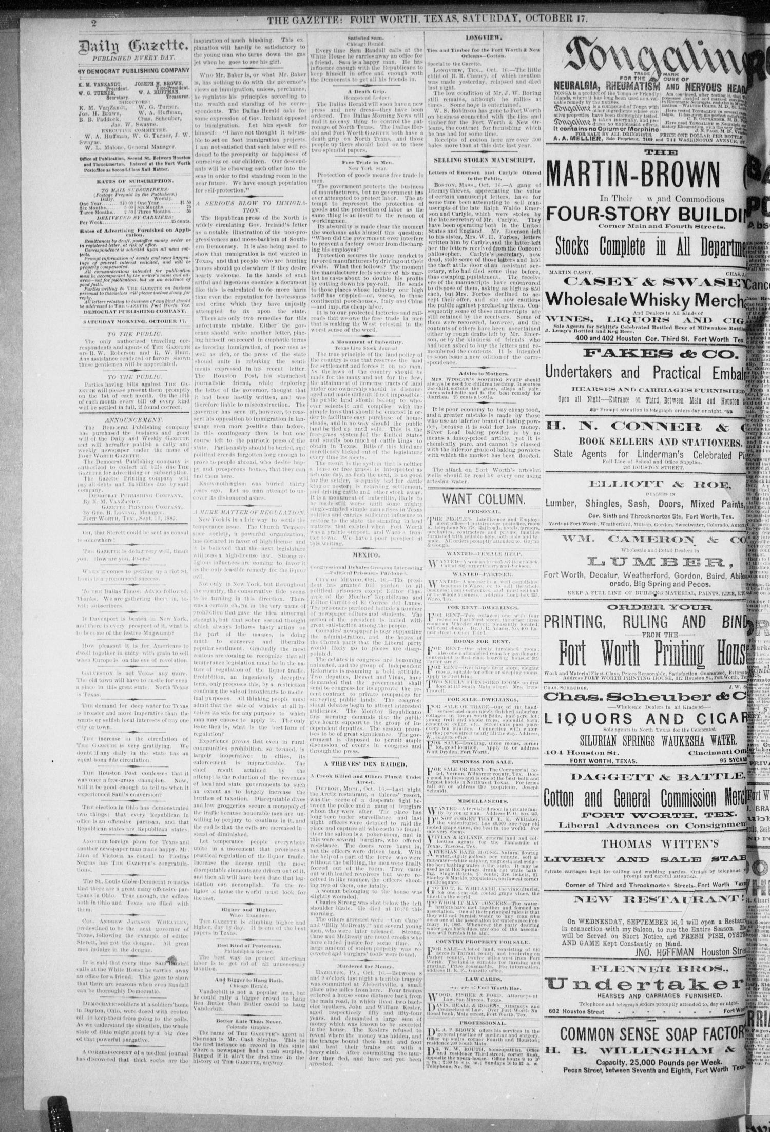 Fort Worth Daily Gazette. (Fort Worth, Tex.), Vol. 11, No. 81, Ed. 1, Saturday, October 17, 1885
                                                
                                                    [Sequence #]: 2 of 8
                                                