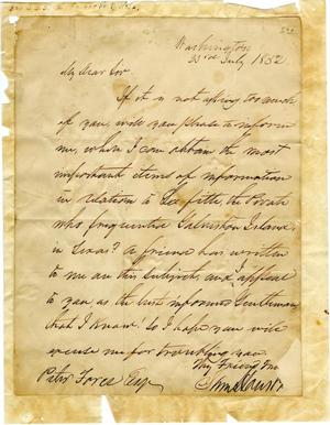 Primary view of object titled '[Letter from Sam Houston to Peter Farer Esq., July 1852]'.
