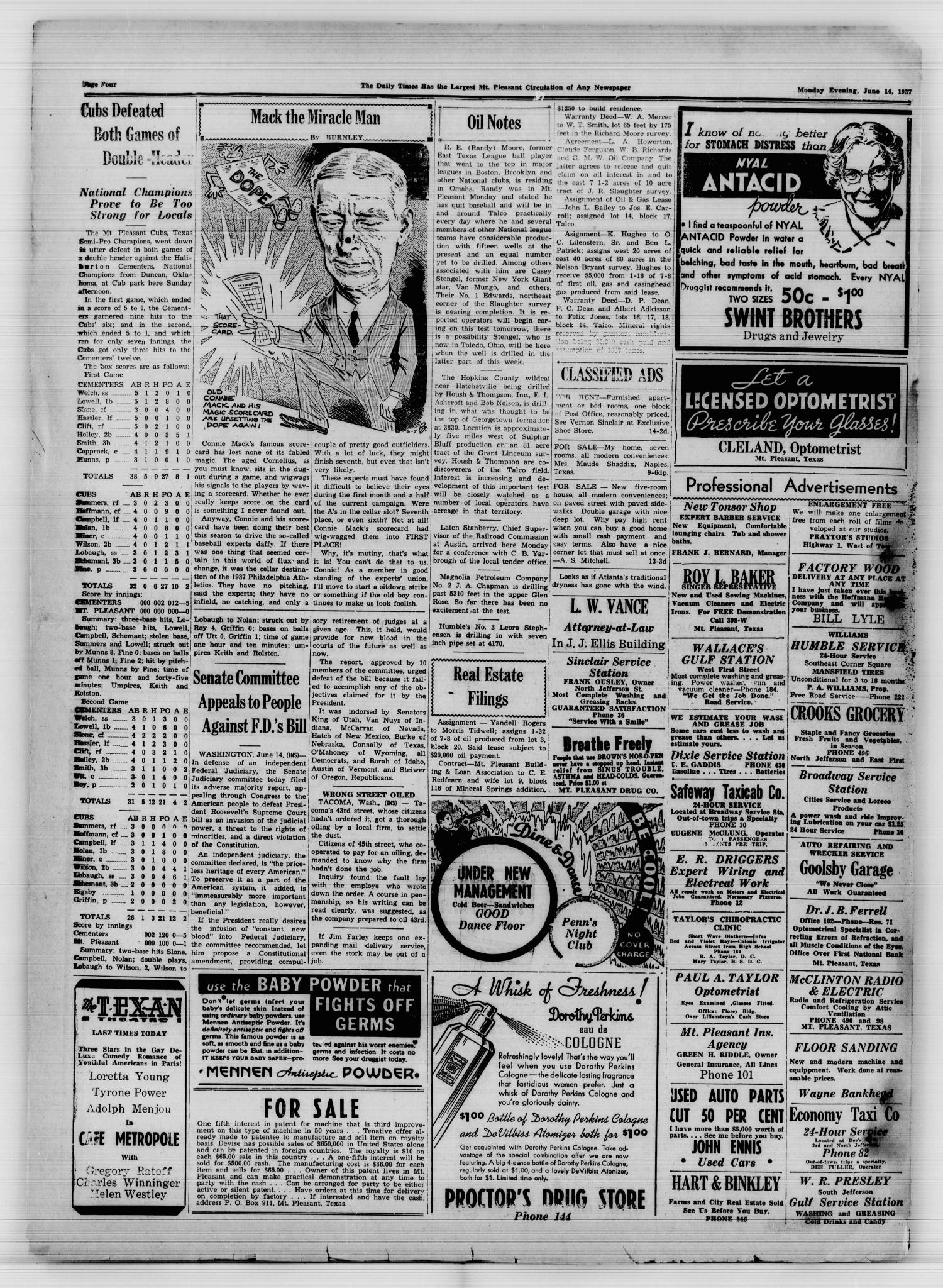 Mt. Pleasant Daily Times (Mount Pleasant, Tex.), Vol. 18, No. 75, Ed. 1 Monday, June 14, 1937
                                                
                                                    [Sequence #]: 4 of 4
                                                