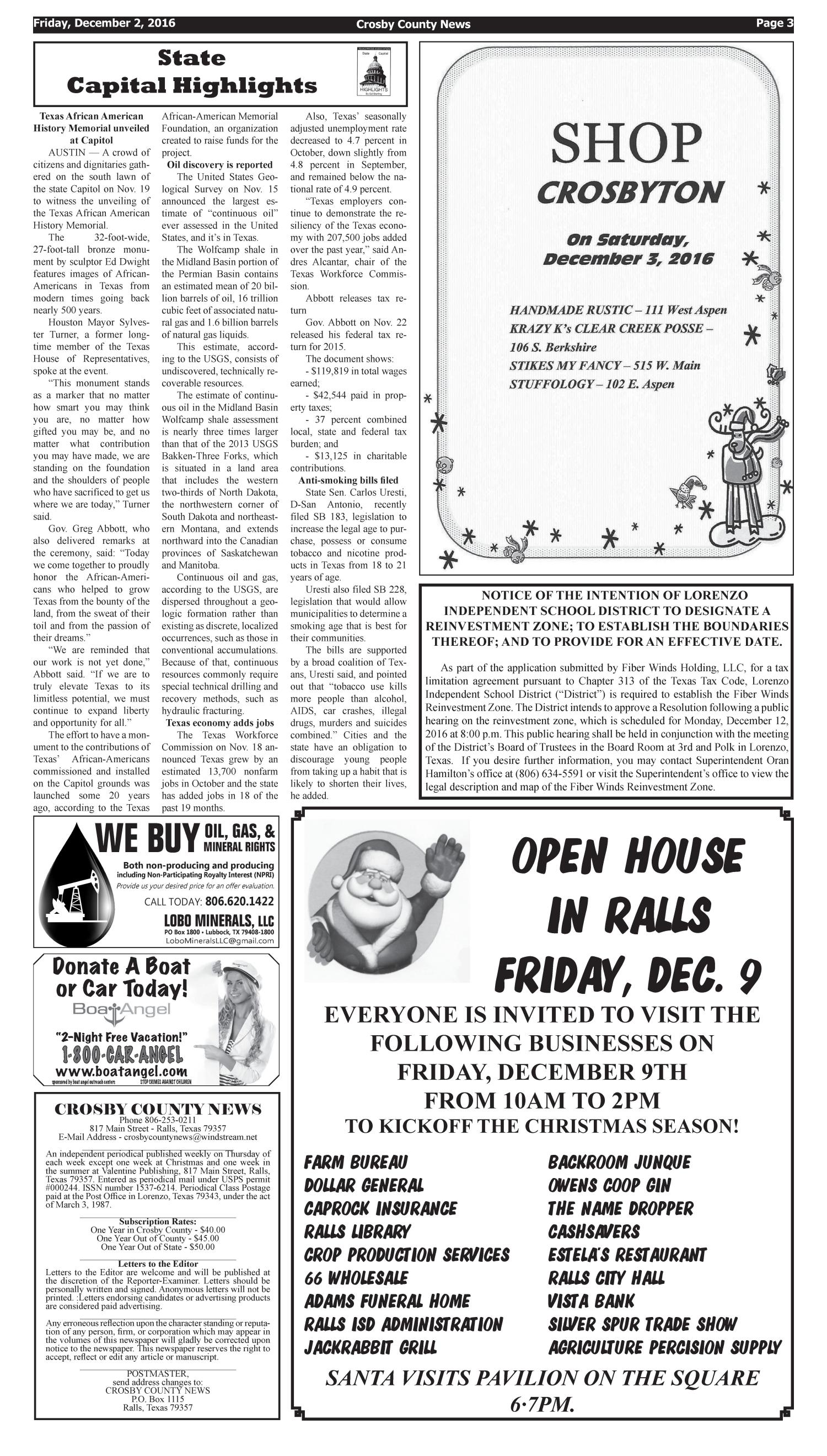 Crosby County News (Ralls, Tex.), Vol. 129, No. 47, Ed. 1 Friday, December 2, 2016
                                                
                                                    [Sequence #]: 3 of 10
                                                