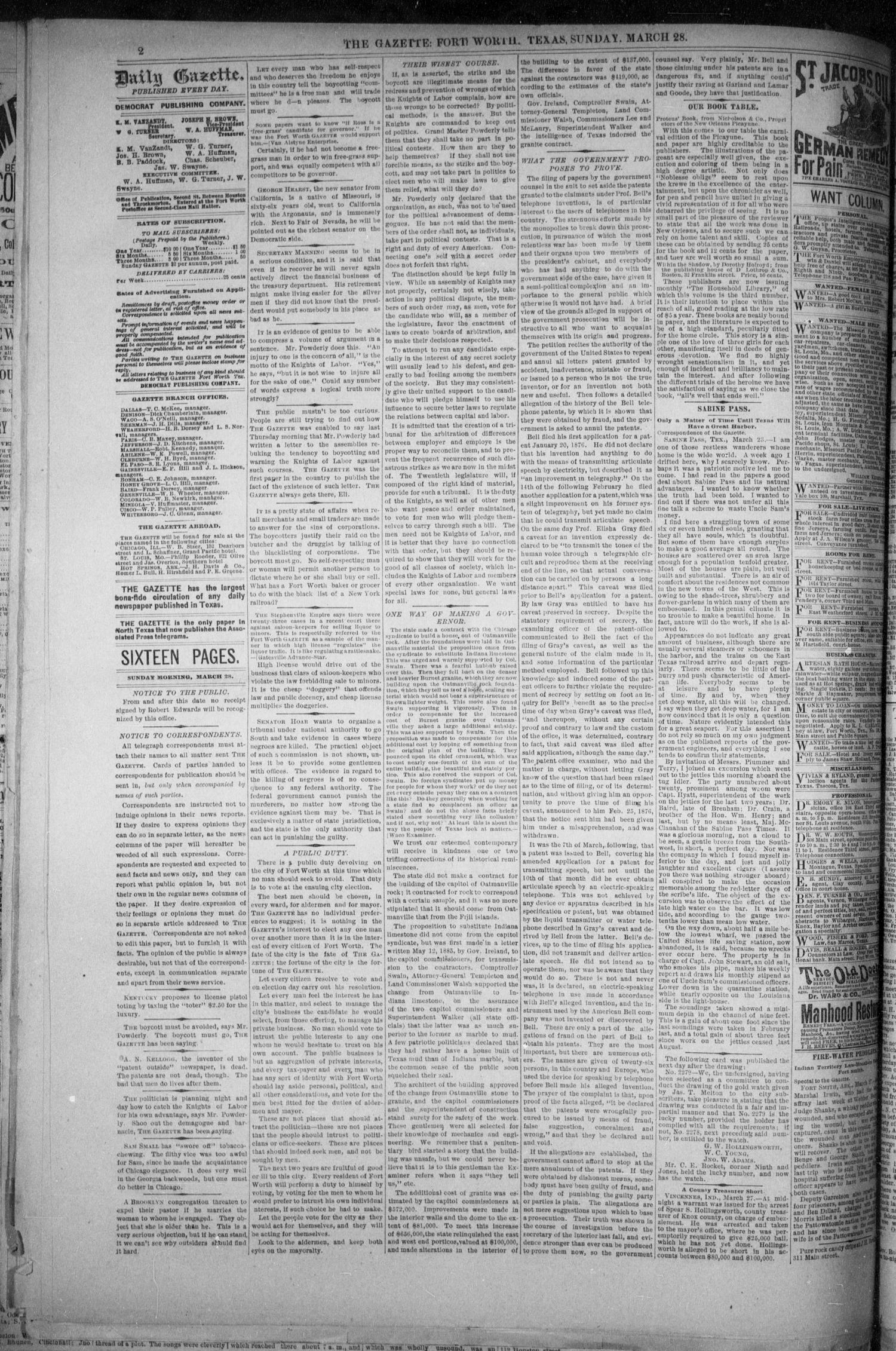 Fort Worth Daily Gazette. (Fort Worth, Tex.), Vol. 11, No. 241, Ed. 1, Sunday, March 28, 1886
                                                
                                                    [Sequence #]: 2 of 16
                                                