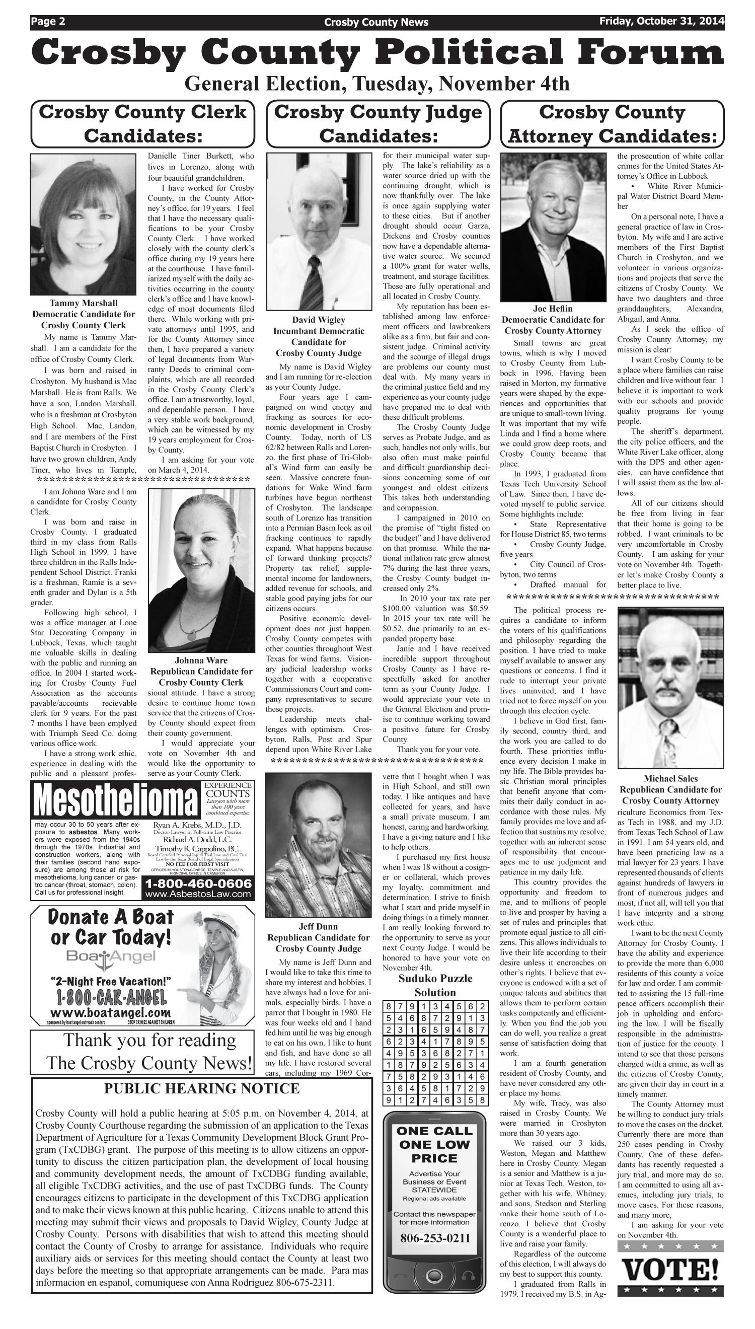 Crosby County News (Ralls, Tex.), Vol. 127, No. 43, Ed. 1 Friday, October 31, 2014
                                                
                                                    [Sequence #]: 2 of 16
                                                
