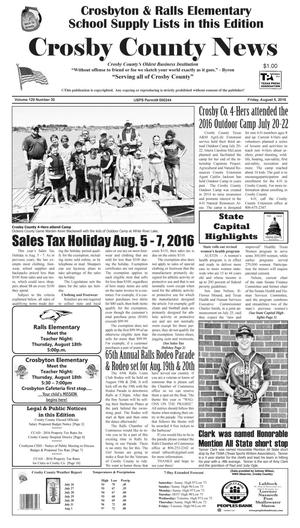 Primary view of object titled 'Crosby County News (Ralls, Tex.), Vol. 129, No. 30, Ed. 1 Friday, August 5, 2016'.