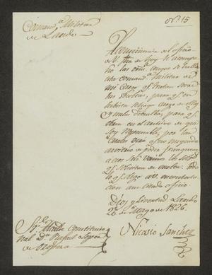 [Letter from Nicasio Sánchez to the Laredo Alcalde, May 26, 1826]