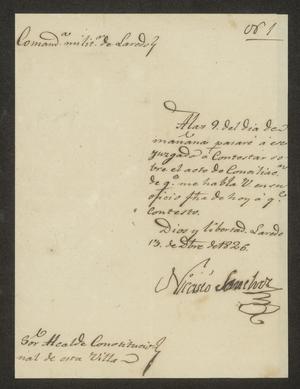[Notice from Nicasio Sánchez to the Laredo Alcalde, December 13, 1826]