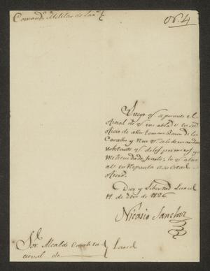 [Letter from Nicasio Sánchez to the Alcalde of Laredo, December 19, 1826]