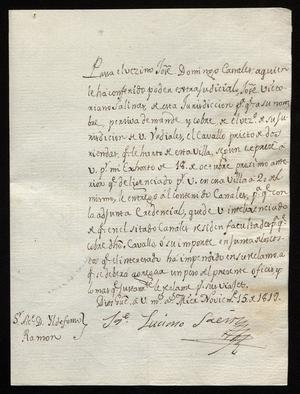 Primary view of object titled '[Letter from José Luciano Saenz to Ildefonso Ramón, November 15, 1819]'.