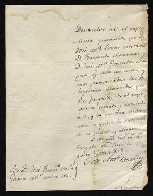 [Judicial Message from José Antonio Benites to José Francisco de la Garza, August 1, 1818]