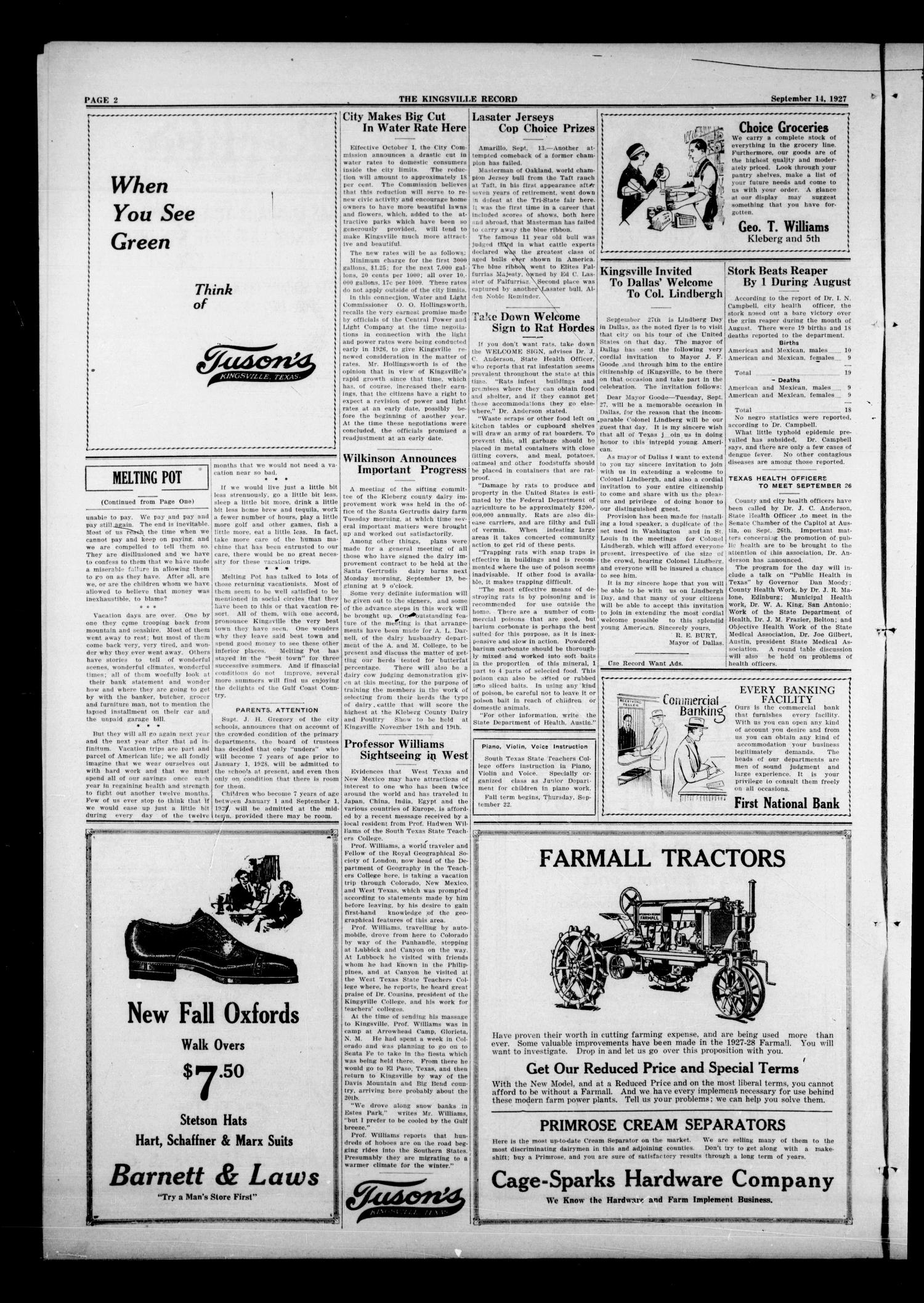The Kingsville Record (Kingsville, Tex.), Vol. 21, No. 4, Ed. 1 Wednesday, September 14, 1927
                                                
                                                    [Sequence #]: 2 of 12
                                                