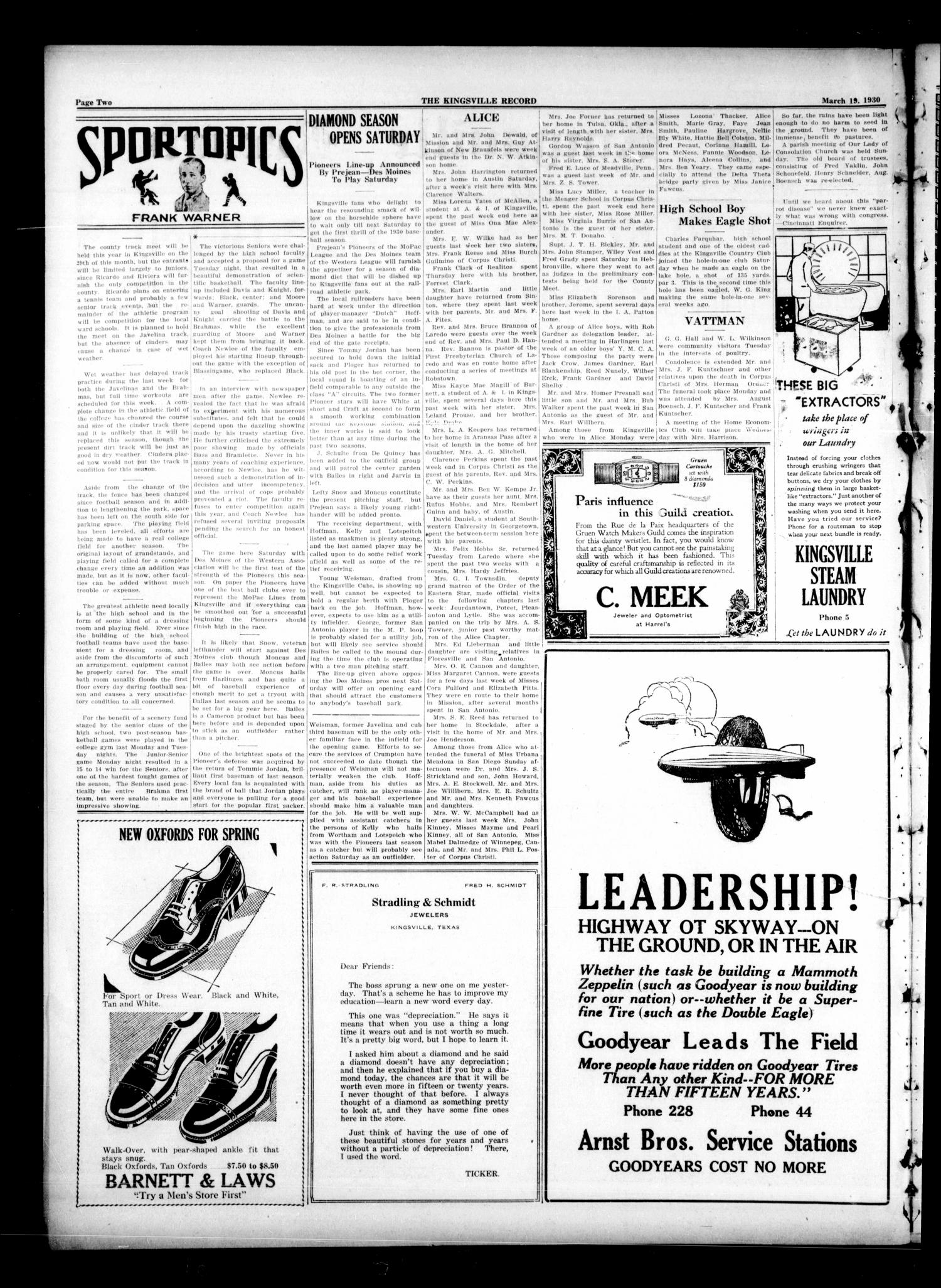 The Kingsville Record (Kingsville, Tex.), Vol. 22, No. 31, Ed. 1 Wednesday, March 19, 1930
                                                
                                                    [Sequence #]: 2 of 14
                                                