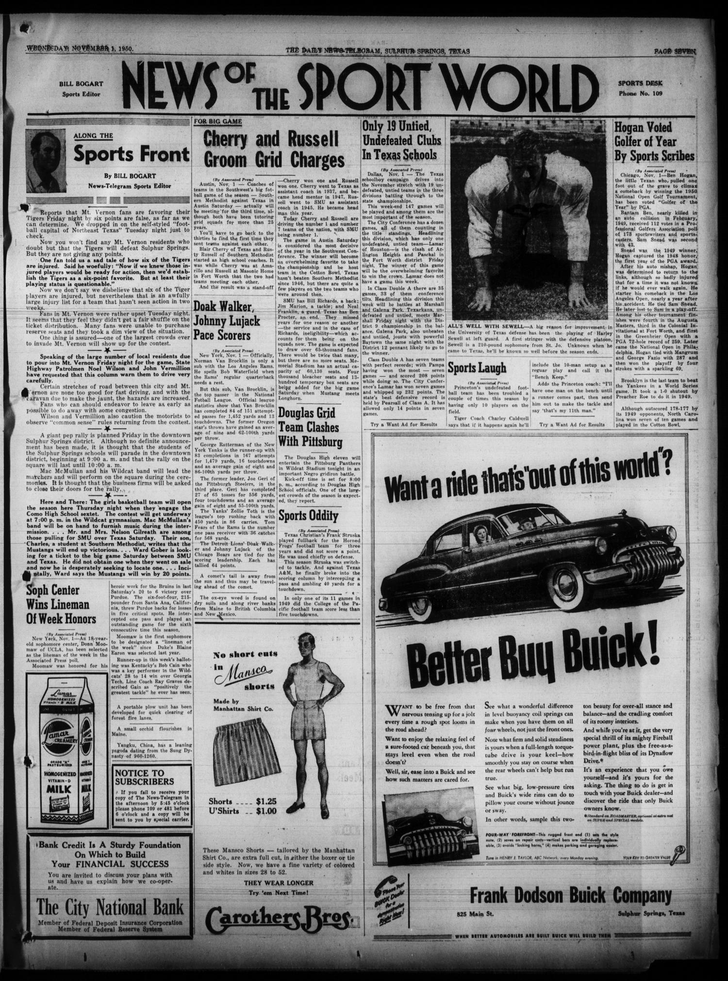The Daily News-Telegram (Sulphur Springs, Tex.), Vol. 52, No. 261, Ed. 1 Wednesday, November 1, 1950
                                                
                                                    [Sequence #]: 7 of 8
                                                