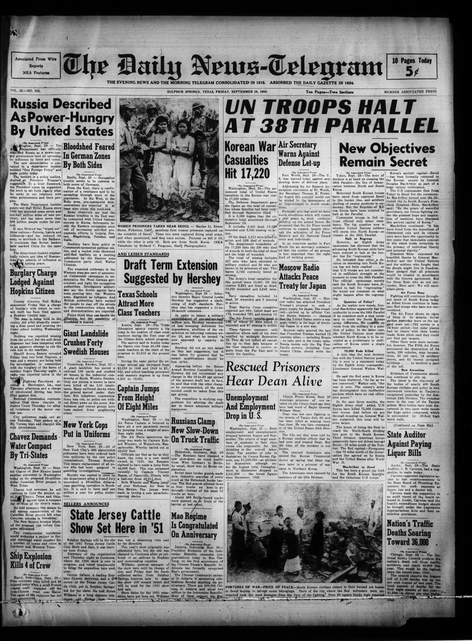 The Daily News-Telegram (Sulphur Springs, Tex.), Vol. 52, No. 262, Ed. 1  Thursday, November 2, 1950 - The Portal to Texas History