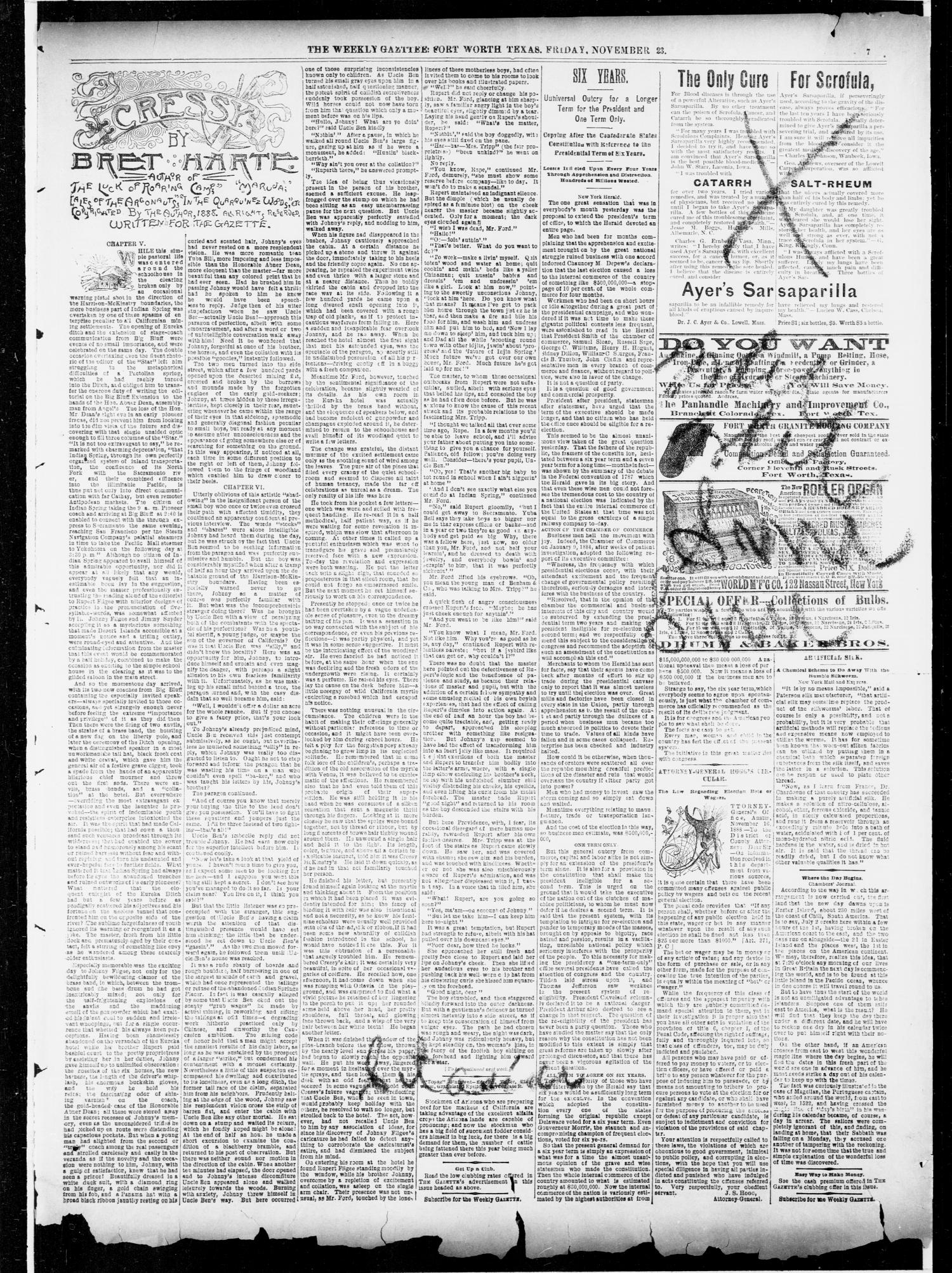 Fort Worth Weekly Gazette. (Fort Worth, Tex.), Vol. 18, No. 50, Ed. 1, Friday, November 23, 1888
                                                
                                                    [Sequence #]: 7 of 8
                                                