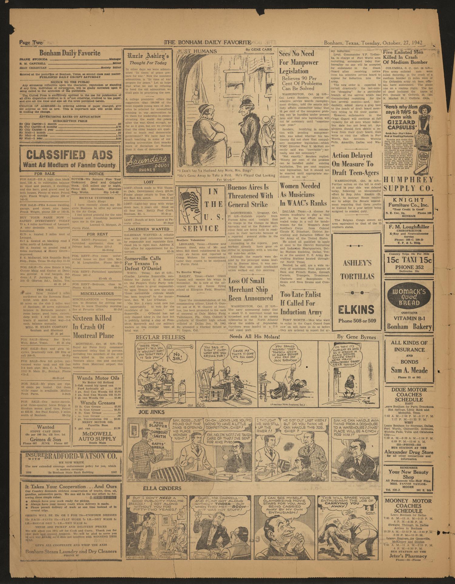 The Bonham Daily Favorite (Bonham, Tex.), Vol. 51, No. 88, Ed. 1 Tuesday, October 27, 1942
                                                
                                                    [Sequence #]: 2 of 4
                                                