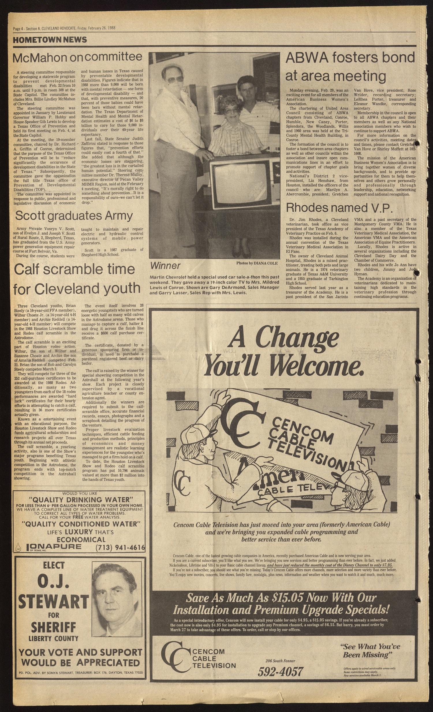 Cleveland Advocate (Cleveland, Tex.), Vol. 69, No. 8, Ed. 1 Friday, February 26, 1988
                                                
                                                    [Sequence #]: 4 of 37
                                                
