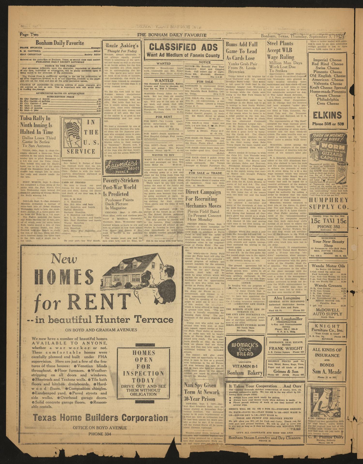 The Bonham Daily Favorite (Bonham, Tex.), Vol. 51, No. 43, Ed. 1 Thursday, September 3, 1942
                                                
                                                    [Sequence #]: 2 of 6
                                                