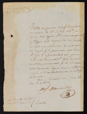 Primary view of object titled '[Letter from Miguel Benavides to the Laredo Justice of the Peace, February 6, 1838]'.