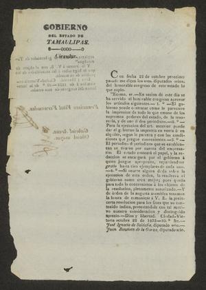 [Letter from Governor Fernandez to the Laredo Alcalde, November 5, 1833]
