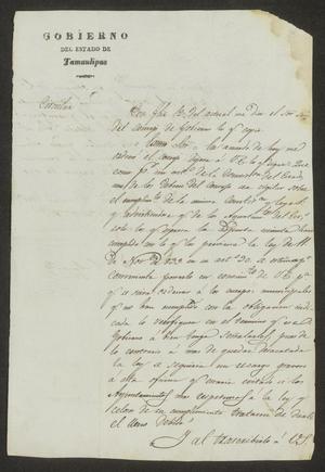 [Letter from the Governor to the Laredo Ayuntamiento, September 12, 1834]