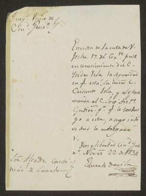 [Letter from Eduardo Davila to the Laredo Alcalde, November 22, 1834]