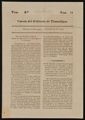Primary view of object titled 'Gaceta del Gobierno de Tamaulipas, Tomo 3, Número 51, Diciembre 29 de 1842'.