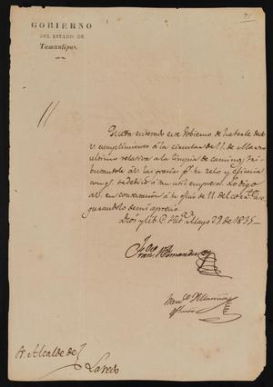[Letter from Francisco Vital Fernandez to the Laredo Alcalde, May 29, 1835]