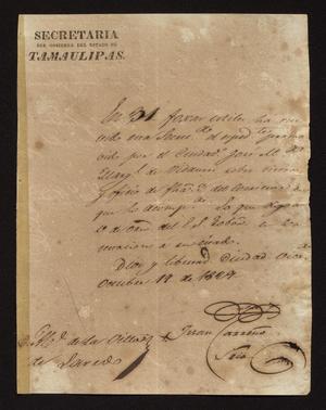Primary view of object titled '[Letter from Juan Carreño to the Laredo Alcalde, October 19, 1829]'.