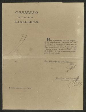 [Letter from José Honorato de la Garza to the Laredo Ayuntamiento, April 23, 1832]