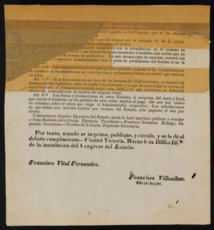 Primary view of object titled '[Part of a Decree from Governor Fernandez to the Laredo Ayuntamiento]'.
